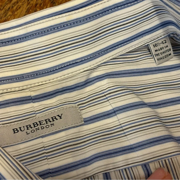 BURBERRY London Men's Button Up Dress Shirt Striped Blue White Size L - Picture 3 of 6